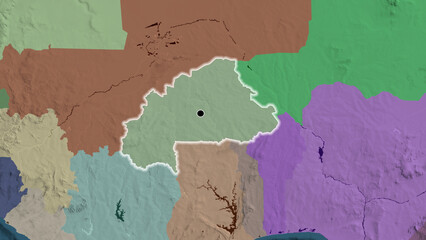 Shape of Burkina Faso. Glowed. Administrative.