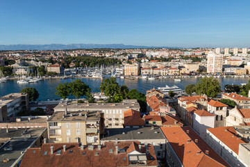 Aerial view of the old town street of the beautiful Croatian city Zadar and to the adriatic sea....