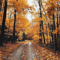 A road with trees on both sides and leaves on the ground
