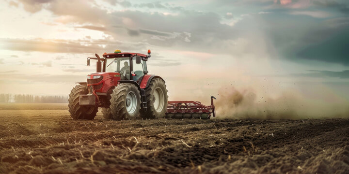 red agricultural tractor plows the field with a trawler for sowing wheat, poster, copy space