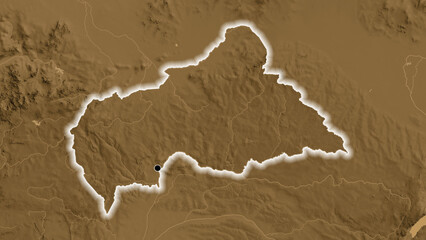 Shape of Central African Republic. Glowed. Sepia elevation.