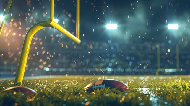 American football field with yellow goalposts, grass field and blurred fans at playground view.
