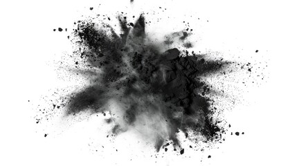 Black chalk pieces and flying powder Explosion effect isolated on white