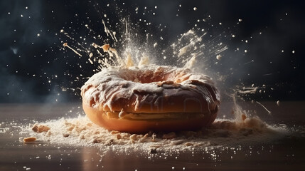 donut with powder flying from the top - obrazy, fototapety, plakaty