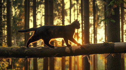 Gato preto andando sobre um tronco de arvore suspenso na floresta 