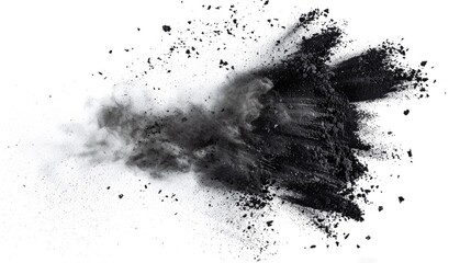 Black chalk pieces and flying powder Explosion effect isolated on white