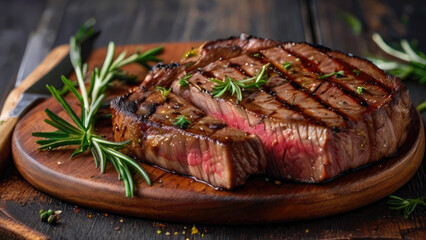 Close-up photograph of a succulent meat steak with red center, garnished with a sprig of herbs, served in a restaurant, showcasing its juicy tenderness and exquisite presentation