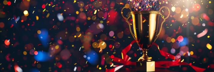 Shiny sparkling champion gold cup on a bright background with sparkles and confetti and festive satin ribbons, first place Trophy cup, banner - obrazy, fototapety, plakaty