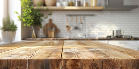 Empty  wood table top counter and blur bokeh modern kitchen interior background in clean and bright,Banner, Ready for product montage. empty wooden table top counter on interior kutchen background
