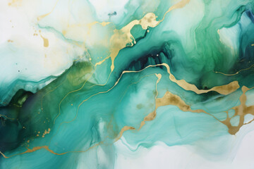 Green malachite and gold fluid art background, marble texture, alcohol ink, color flow pattern.  Abstract wallpapers, wavy swirls, golden seams, luxurious marble surface - obrazy, fototapety, plakaty