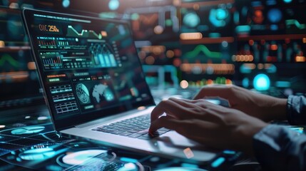 Data scientist, programmer using laptop, analyzing financial data on futuristic virtual interface, algorithm, global business development