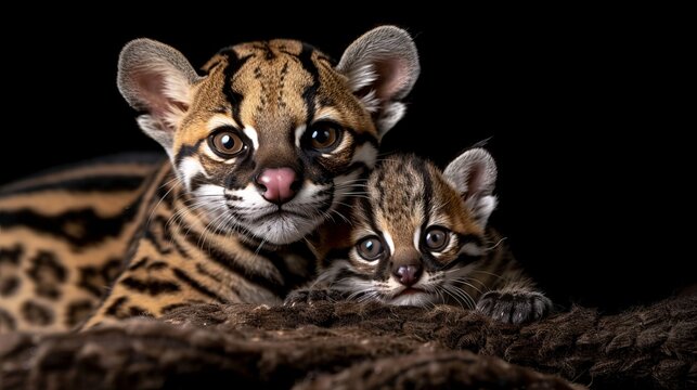 Male margay and margay kitten portrait with spacious area on left for text placement