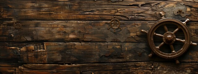 Obraz premium a wooden wall with a ship wheel