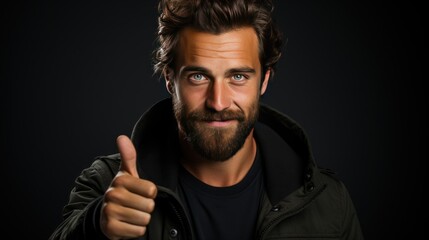 Portrait of a handsome young man with beard and moustache in a black jacket showing thumbs up