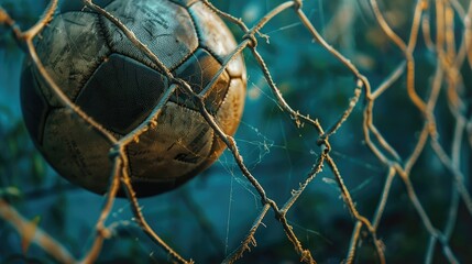 Football stuck in the goal net,