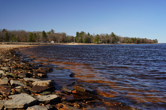 Rocky shoreline on a lake. 
