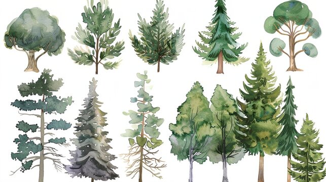 a collection of watercolor trees and bushes on a white background