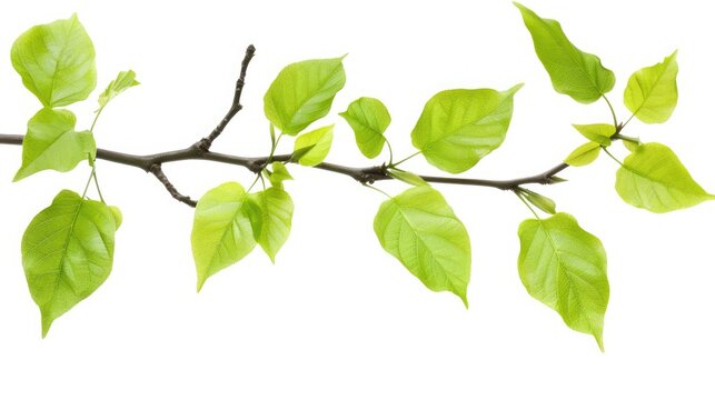 Concept of fresh green leaves on branch. Cut out.