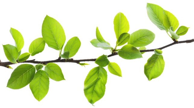 Concept of fresh green leaves on branch. Cut out.