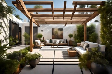 A front courtyard with a stylish pergola, providing shade for outdoor seating and adding an architectural focal point. - obrazy, fototapety, plakaty
