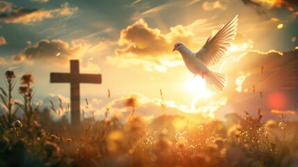 Holy Spirit Winged dove flying in front of the cross at sunset