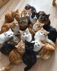 Group of many cats sitting on the floor and looking at the camera