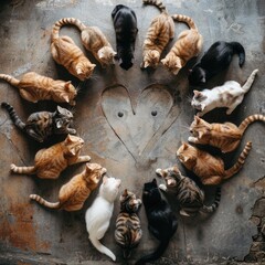 Group of cats sitting in a circle and forming a heart shape.