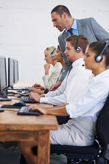 Help desk, manager and phone call with team typing on computer, consultation and customer support....