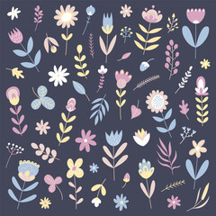Spring beautiful set of floral elements and objects. Flowers, plants, branch and leaves. Floral poster, vector icons.