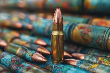 Bullets with world map textures - obrazy, fototapety, plakaty