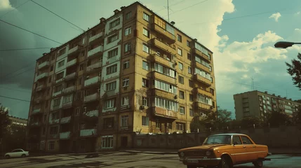 Fototapeten Vintage Car and Soviet-era Apartment Building © Vl