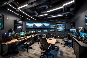 Fototapeta premium High-tech gaming den with VR setups, gaming chairs, and a wall of high-performance monitors.