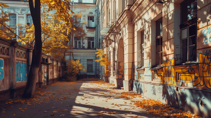 Fototapeta na wymiar Autumn Serenity on Graffiti-lined Street