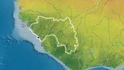 Fototapeta na wymiar Shape of Guinea. Glowed. Topographic.