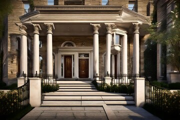 Fototapeta premium A timeless front elevation with classic columns and a grand entrance, exuding an air of sophistication and luxury.