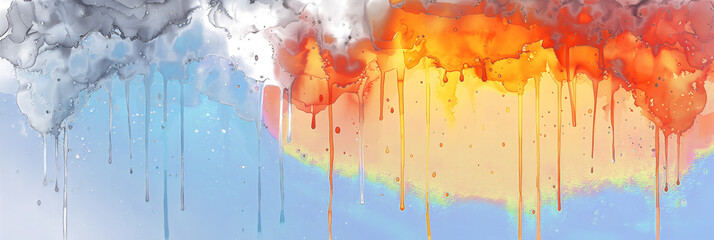 Orange and blue watercolor paint drips on white background.