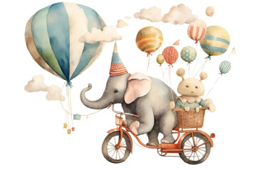 hand drawn bike elephant Beautiful composition illustration balloons air cute circus children Sheep animals watercolor baby Stock
