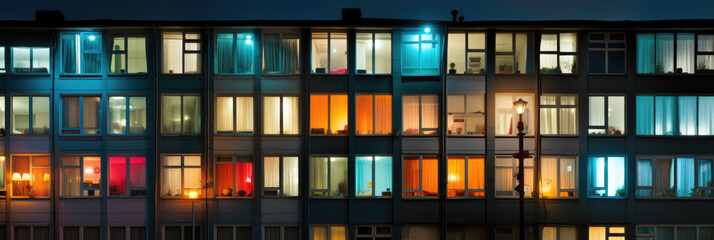 Front view. Glowing windows. Facade of Soviet panel house at night. Red, yellow light. Concept of buying home with mortgage, renting property, rent apartment, real estate agency. Sleeping poor area.	 - obrazy, fototapety, plakaty