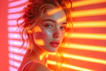 Female portrait. Beautiful young white blonde woman with bare shoulder looks at camera near blinds. Soft daytime natural sunlight from window. Neon pink and yellow lights. Bright sunset. Morning sun