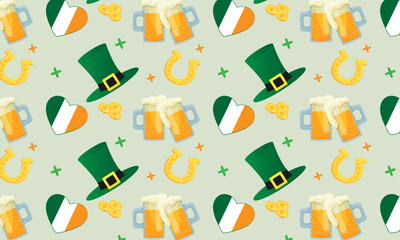 Patrick's Day seamless pattern hat, beer mugs , heart , flag, gold coins, horse shoe