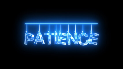 Neon sign with word PATIENCE illuminated in blue on a black background.