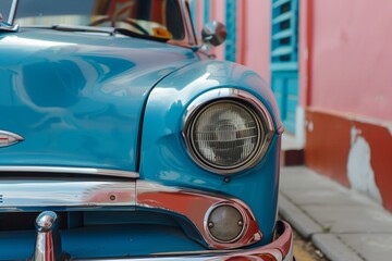 Blue vintage classic american car in a vibrant havana street