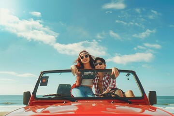 Car road trip travel couple tourists enjoying ocean view relaxing on hood of sports utility vehicle