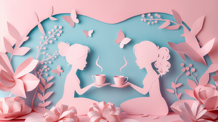 Obraz na płótnie Canvas A papercut scene of a tea party setup for two, symbolizing mother-daughter bonding time, Mother's day background, with copy space