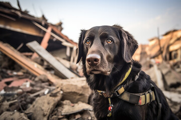 AI generated picture of dog rescuer animal seeking injured people among damaged buildings