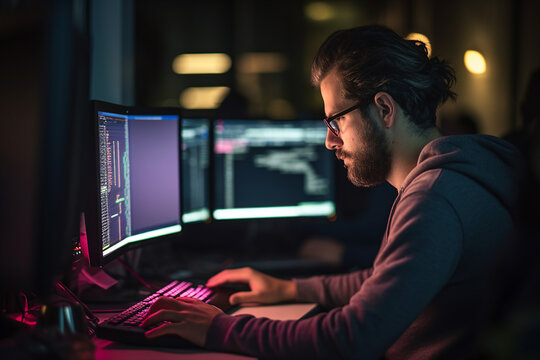 Hard working person in modern interior office programming writing web java script code AI technology generation