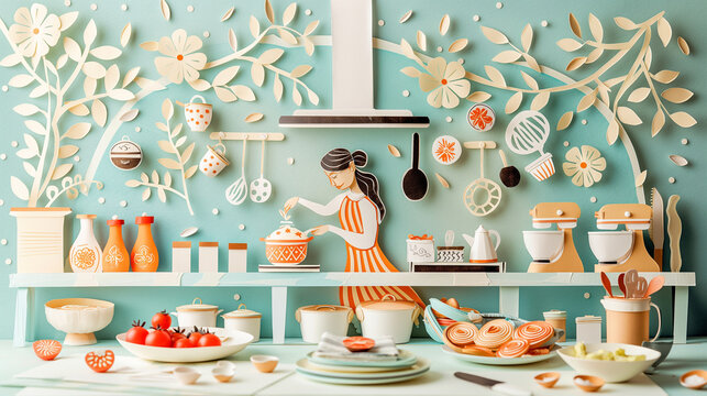 A detailed papercut of a kitchen scene with a mother baking, surrounded by cooking motifs, Mother's day background, with copy space