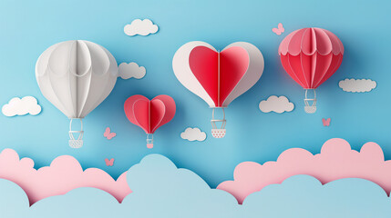 A whimsical papercut of hot air balloons in the sky, each carrying a different Mother's Day message, Mother's day background, with copy space