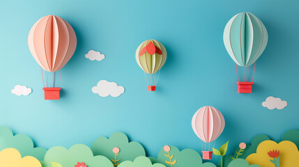 A whimsical papercut of hot air balloons in the sky, each carrying a different Mother's Day message, Mother's day background, with copy space