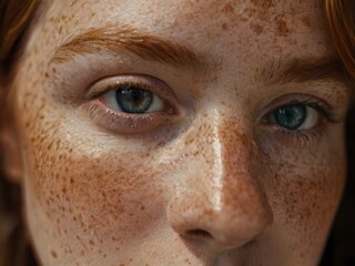 Fototapeta premium Woman's face, captured in close-up, shows her unique freckles that adorn both her skin and her eyes. Generative AI